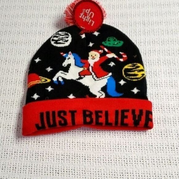 LAST CHANCE Calio Outerspace Santa Graphic Themed Light-up Hat w/ Pompoms - Picture 1 of 5